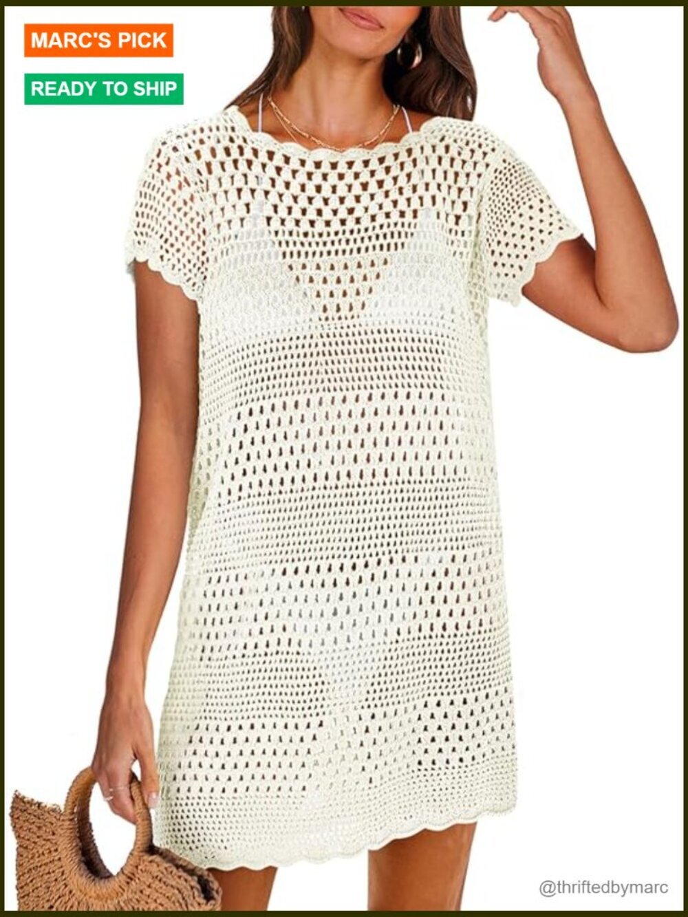 Women's Crochet Mesh Knit Cover Up Dress - Short Sleeve Loose Fit Beach